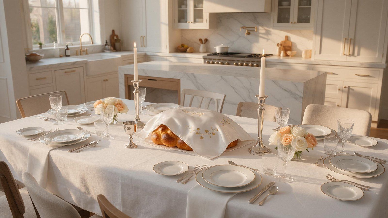 A set Shabbos table with challah
